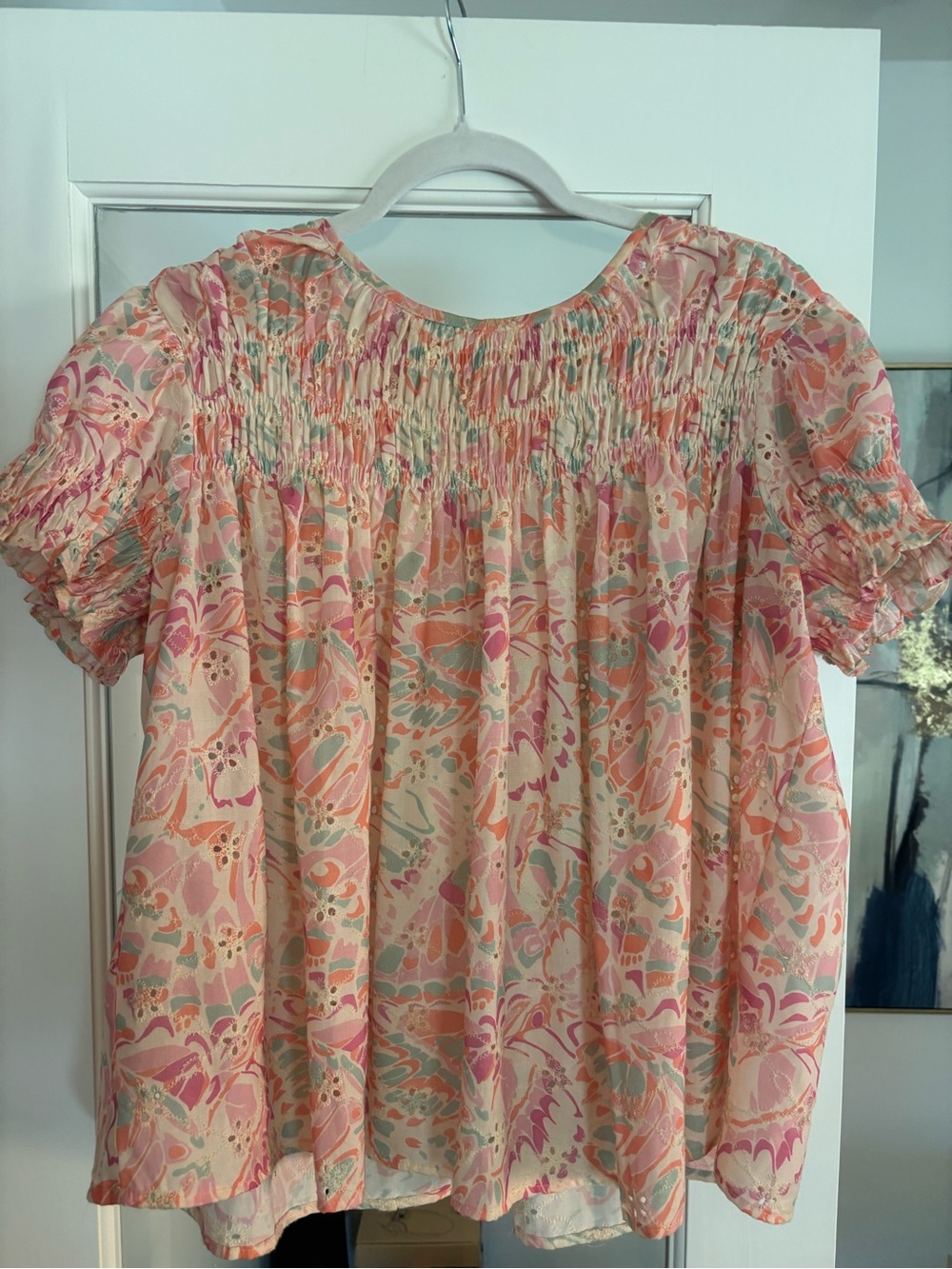 Women's Pink Floral Smocked Short Sleeve Blouse